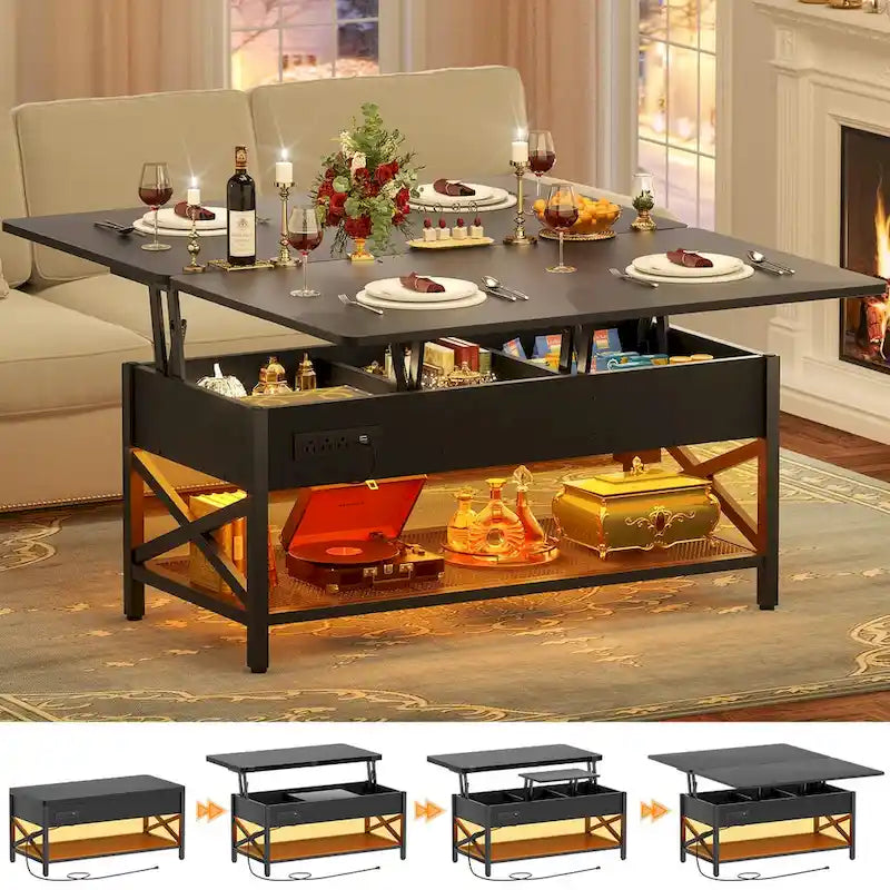 Table basse moderne noire extensible à plateau relevable convertible en table de salle à manger avec lumière LED et prise de courant
