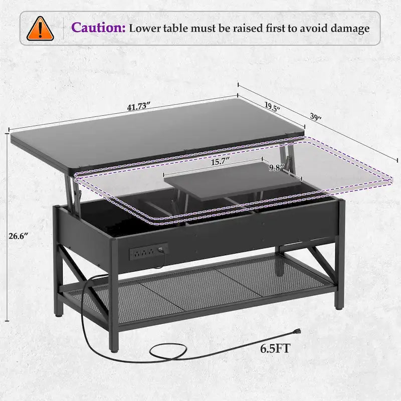 Table basse moderne noire extensible à plateau relevable convertible en table de salle à manger avec lumière LED et prise de courant