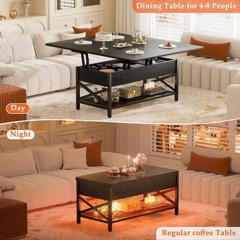 Table basse moderne noire extensible à plateau relevable convertible en table de salle à manger avec lumière LED et prise de courant