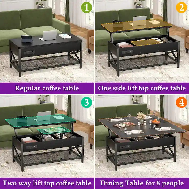 Table basse moderne noire extensible à plateau relevable convertible en table de salle à manger avec lumière LED et prise de courant