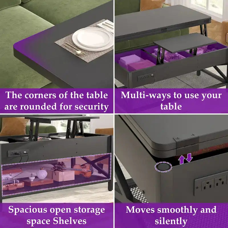 Table basse moderne noire extensible à plateau relevable convertible en table de salle à manger avec lumière LED et prise de courant