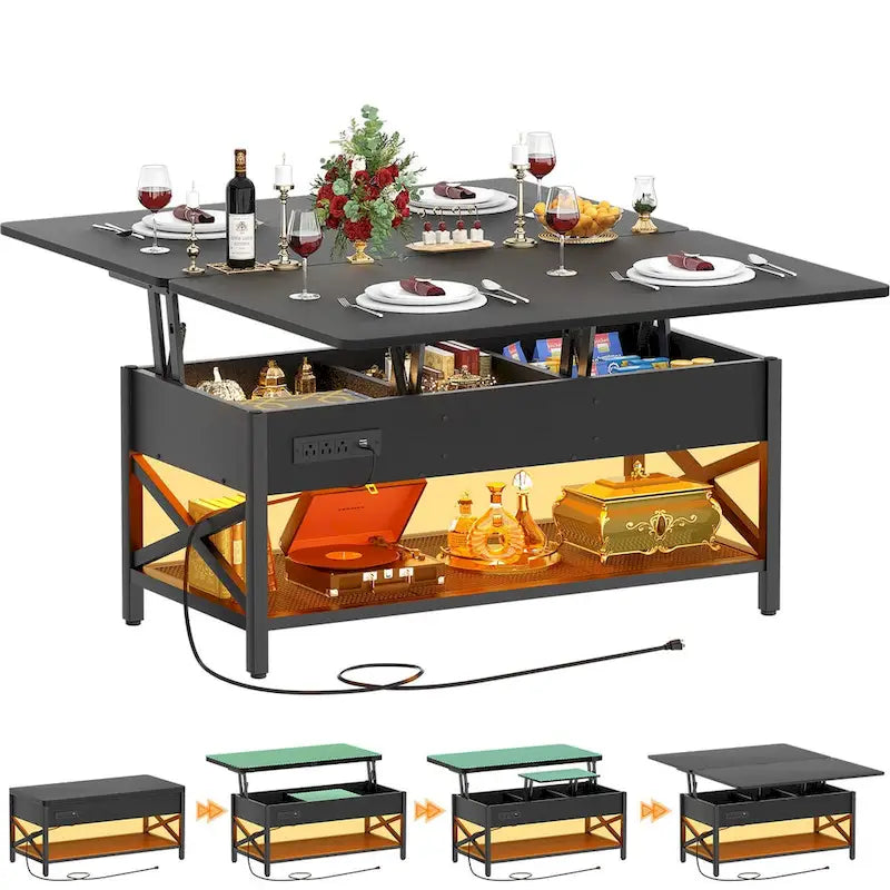 Table basse moderne noire extensible à plateau relevable convertible en table de salle à manger avec lumière LED et prise de courant