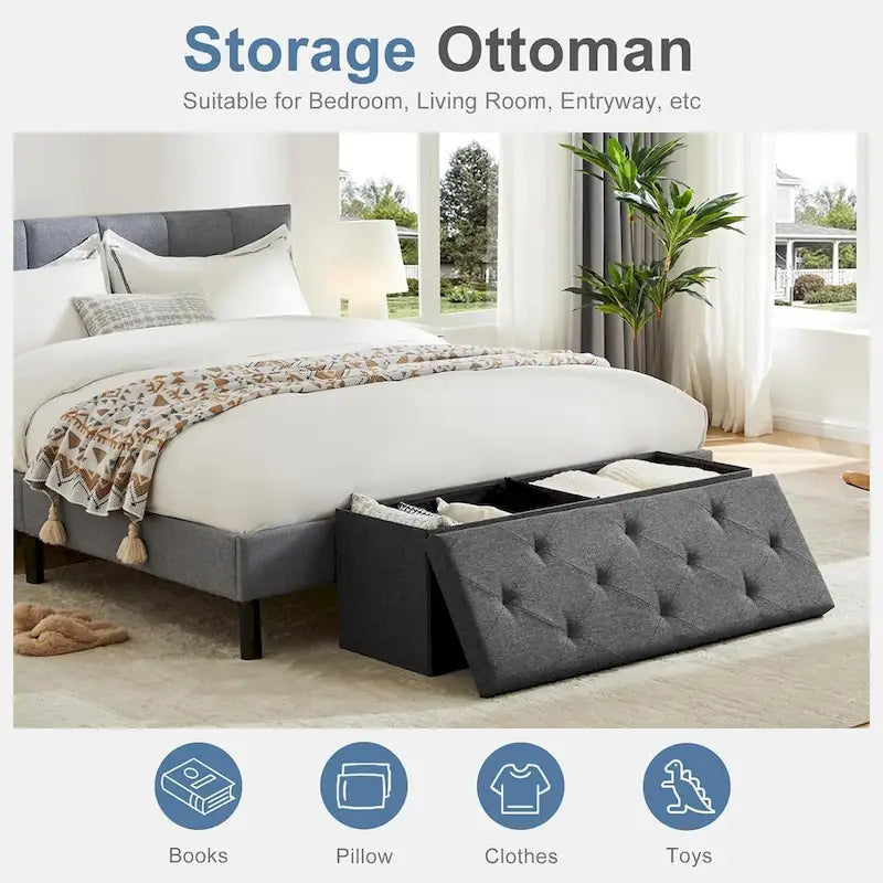 Pouf de rangement pliable de 109 cm, coffre de rangement pour bout de lit de chambre, grand banc ottoman repose-pieds pour salon