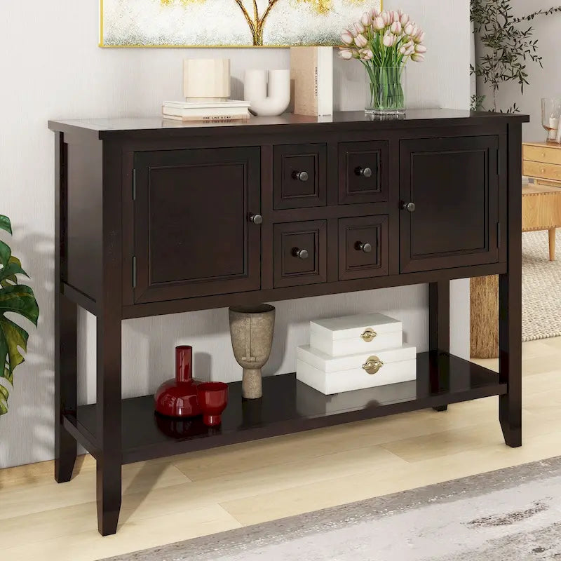 Console vintage avec quatre petits tiroirs et étagère inférieure
