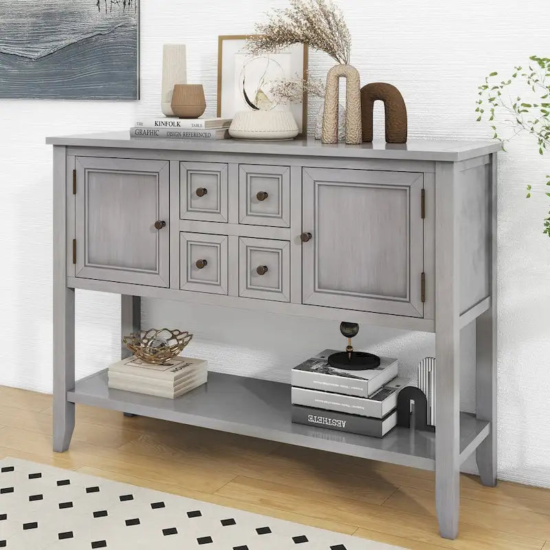 Console vintage avec quatre petits tiroirs et étagère inférieure