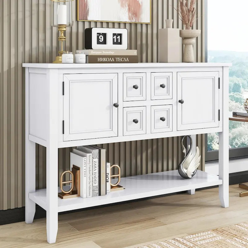 Console vintage avec quatre petits tiroirs et étagère inférieure