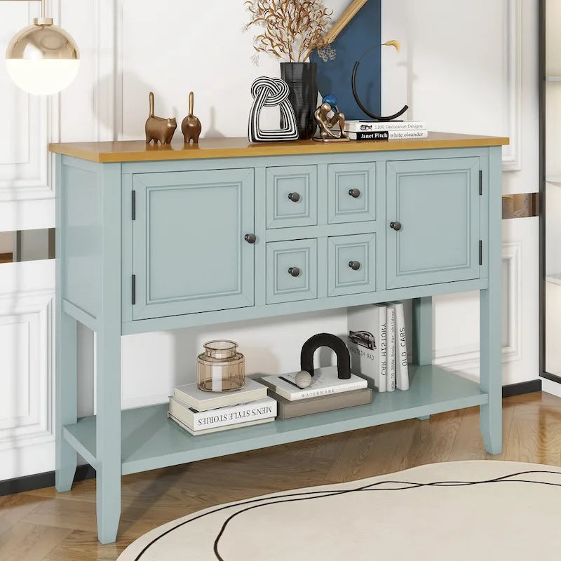 Console vintage avec quatre petits tiroirs et étagère inférieure