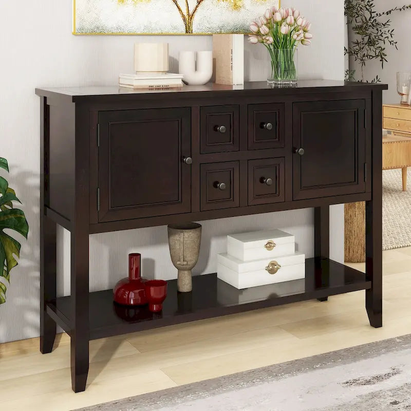 Console vintage avec quatre petits tiroirs et étagère inférieure