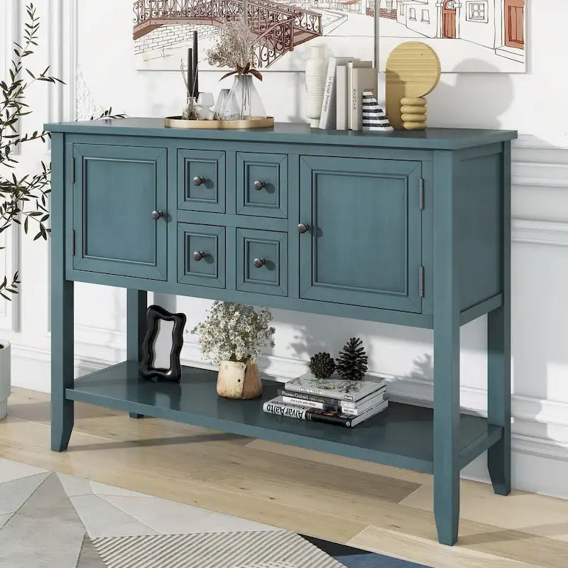 Console vintage avec quatre petits tiroirs et étagère inférieure