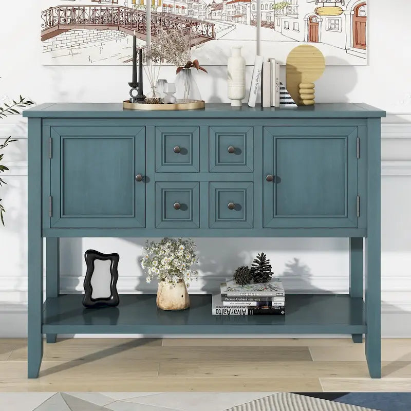 Console vintage avec quatre petits tiroirs et étagère inférieure