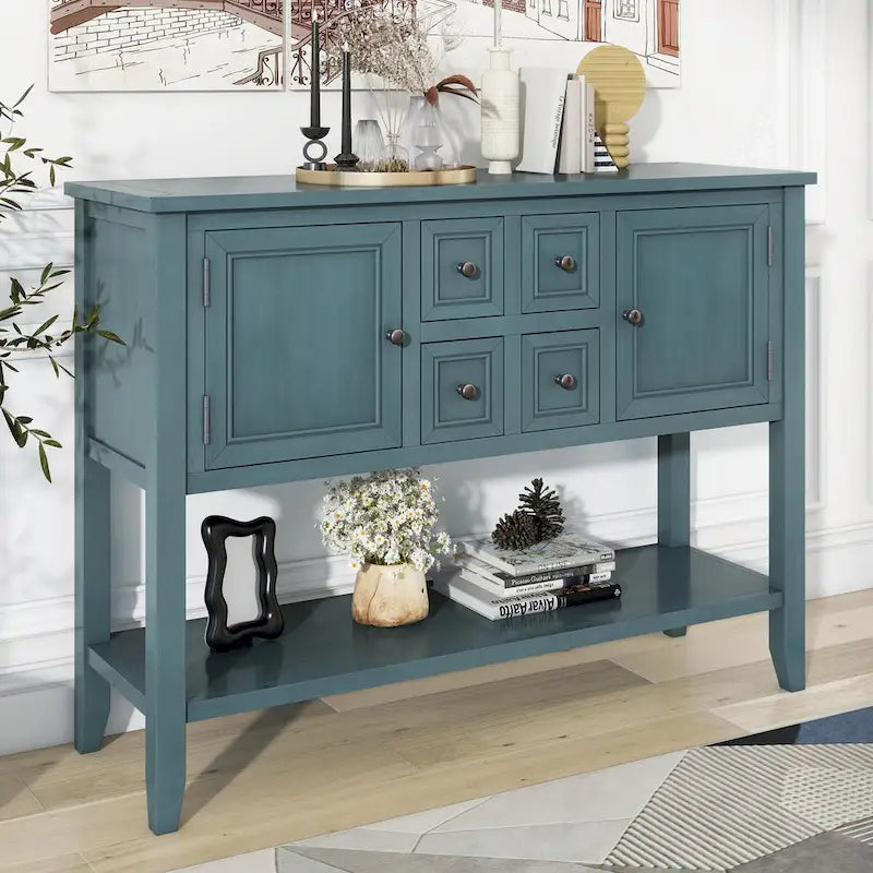 Console vintage avec quatre petits tiroirs et étagère inférieure