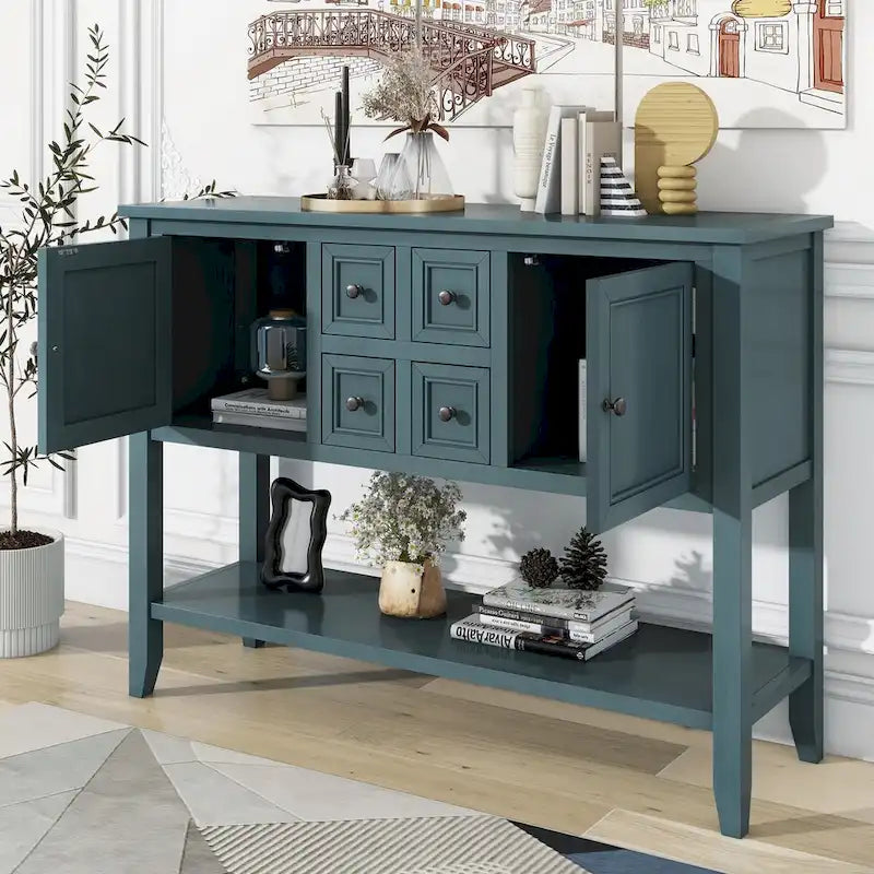 Console vintage avec quatre petits tiroirs et étagère inférieure