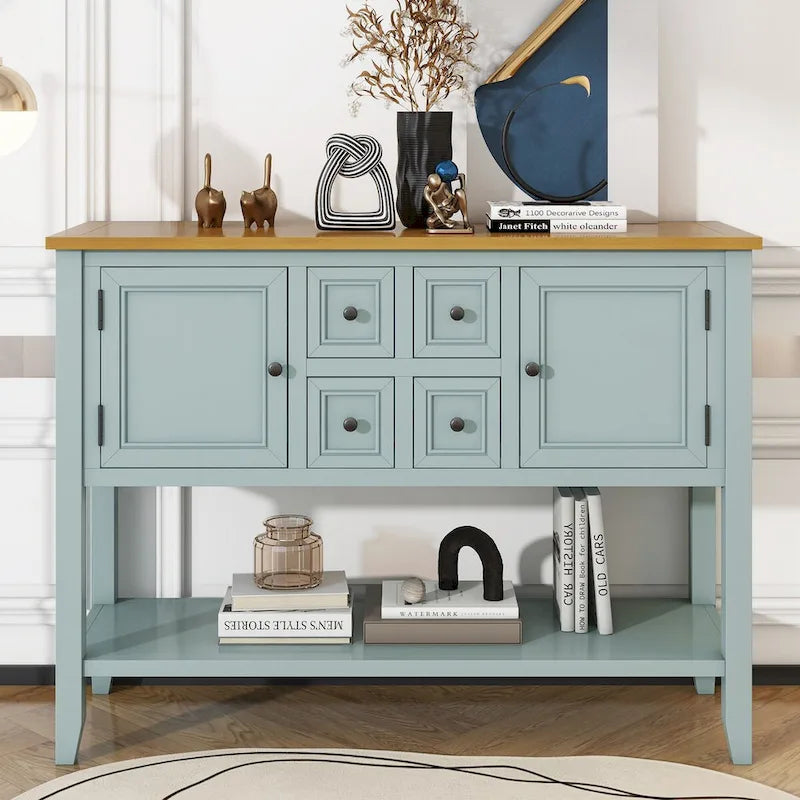 Console vintage avec quatre petits tiroirs et étagère inférieure