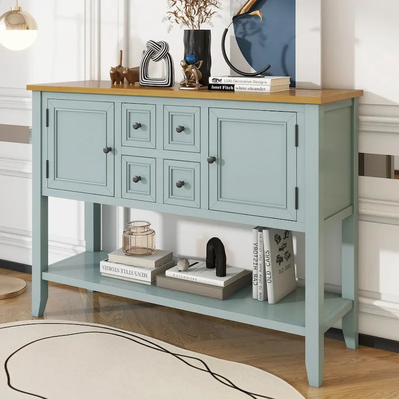 Console vintage avec quatre petits tiroirs et étagère inférieure