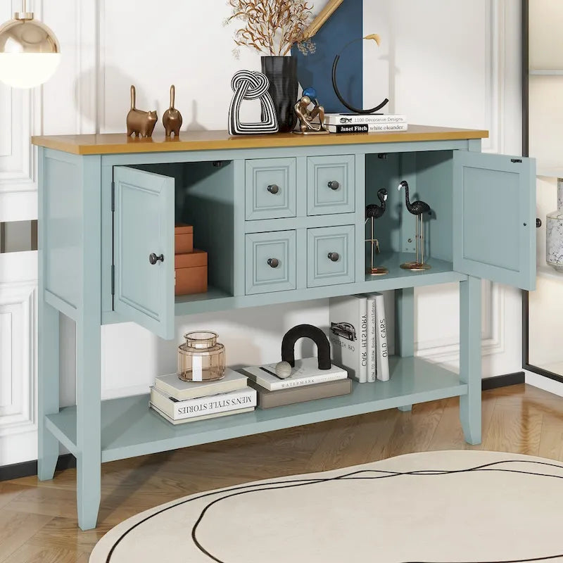 Console vintage avec quatre petits tiroirs et étagère inférieure
