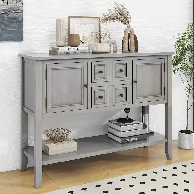 Console vintage avec quatre petits tiroirs et étagère inférieure