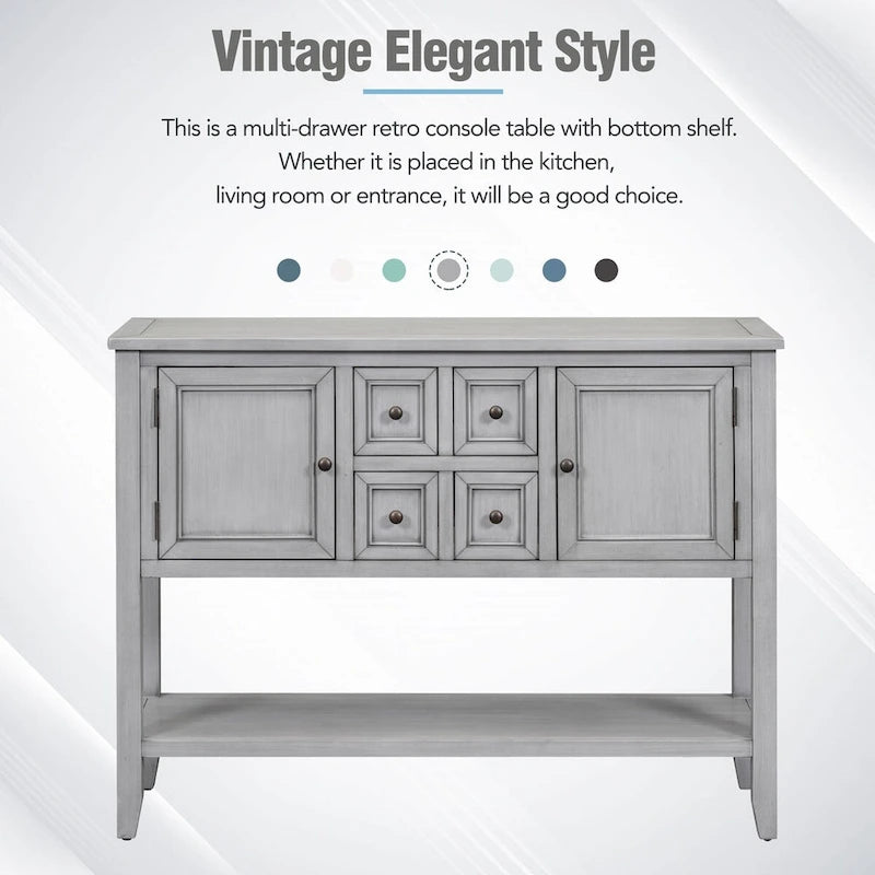 Console vintage avec quatre petits tiroirs et étagère inférieure