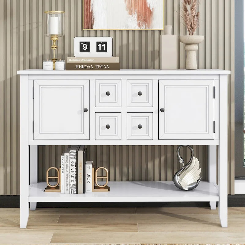 Console vintage avec quatre petits tiroirs et étagère inférieure