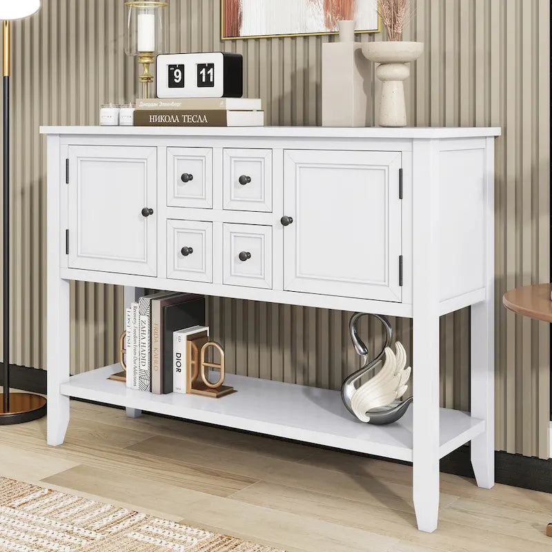 Console vintage avec quatre petits tiroirs et étagère inférieure