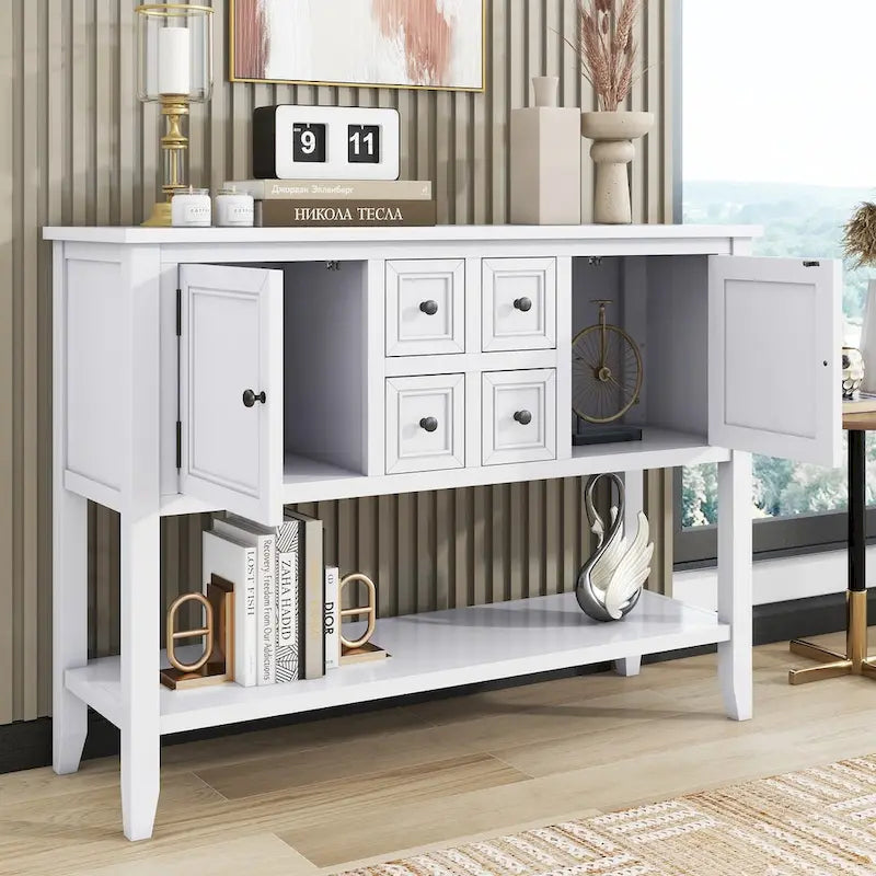 Console vintage avec quatre petits tiroirs et étagère inférieure