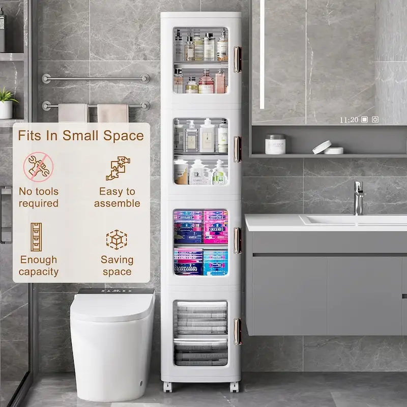 Meuble de rangement haut et étroit de 65 cm, Organisateur de cuisine pliable à 4 niveaux, Armoire de rangement de cuisine autoportante