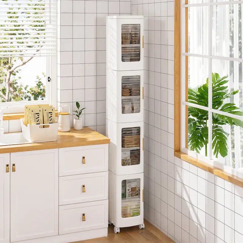 Meuble de rangement haut et étroit de 65 cm, Organisateur de cuisine pliable à 4 niveaux, Armoire de rangement de cuisine autoportante
