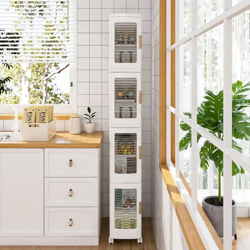 Meuble de rangement haut et étroit de 65 cm, Organisateur de cuisine pliable à 4 niveaux, Armoire de rangement de cuisine autoportante