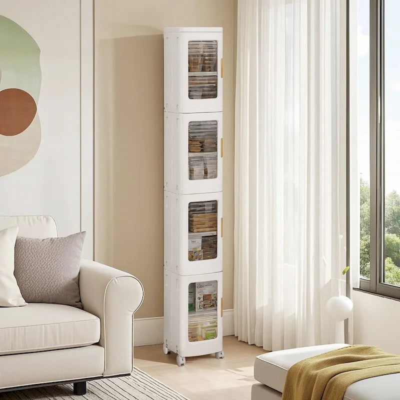 Meuble de rangement haut et étroit de 65 cm, Organisateur de cuisine pliable à 4 niveaux, Armoire de rangement de cuisine autoportante