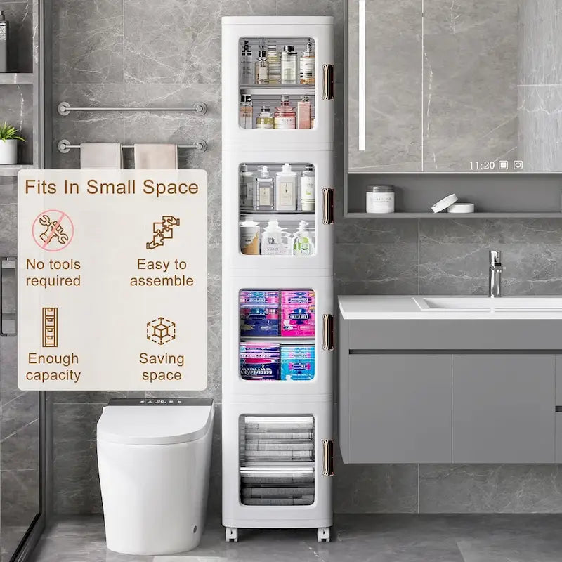 Meuble de rangement haut et étroit de 65 cm, Organisateur de cuisine pliable à 4 niveaux, Armoire de rangement de cuisine autoportante
