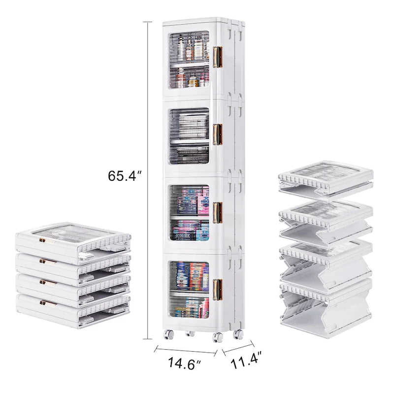 Meuble de rangement haut et étroit de 65 cm, Organisateur de cuisine pliable à 4 niveaux, Armoire de rangement de cuisine autoportante