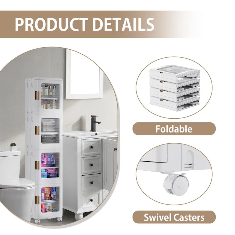 Meuble de rangement haut et étroit de 65 cm, Organisateur de cuisine pliable à 4 niveaux, Armoire de rangement de cuisine autoportante