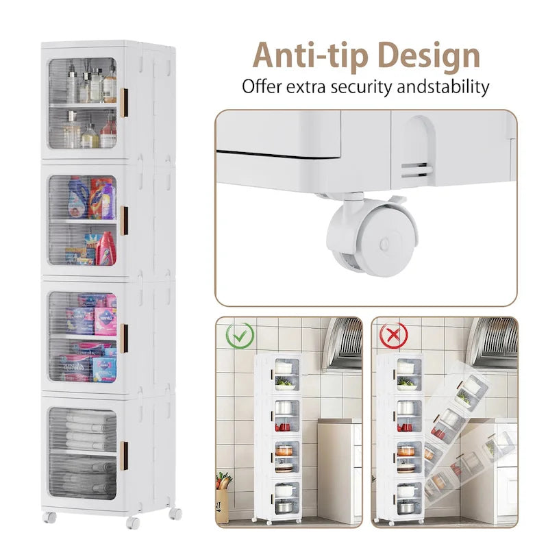 Meuble de rangement haut et étroit de 65 cm, Organisateur de cuisine pliable à 4 niveaux, Armoire de rangement de cuisine autoportante