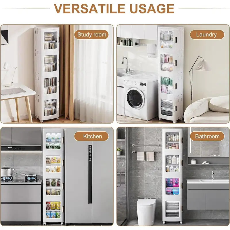Meuble de rangement haut et étroit de 65 cm, Organisateur de cuisine pliable à 4 niveaux, Armoire de rangement de cuisine autoportante