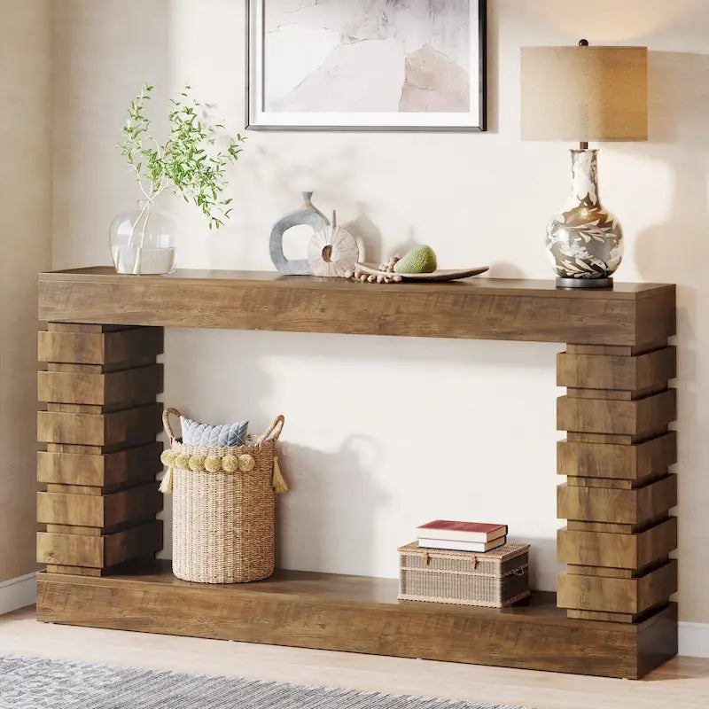 Console longue vintage, Table d'entrée en bois avec rangement pour salon