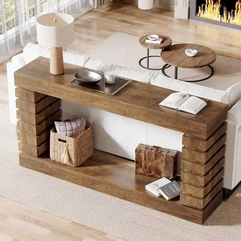 Console longue vintage, Table d'entrée en bois avec rangement pour salon